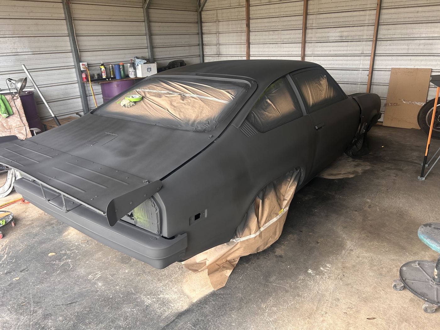 Drag race car in fresh base coat